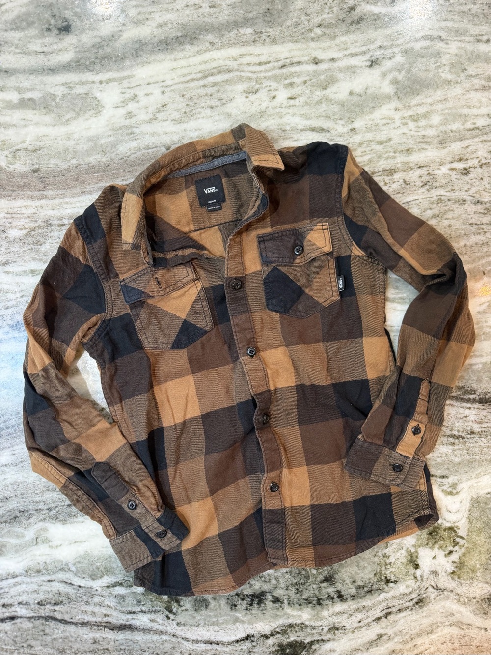 Vans Women’s Black and Brown Plaid Button-Down Shirt